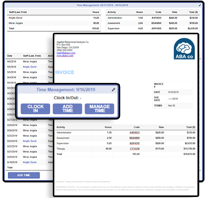 Screenshots of BIPTrack Time Management and Invoicing features